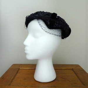 1950s Navy Juliette cap with partial black cage veil